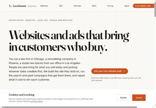 The Larchmont Digital homepage on desktop, showing navigation, headline and the free audit call to action.