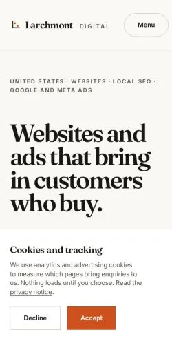 The Larchmont Digital homepage as rendered on a mobile device, showing the headline, the audit call to action, and the cookie consent banner.
