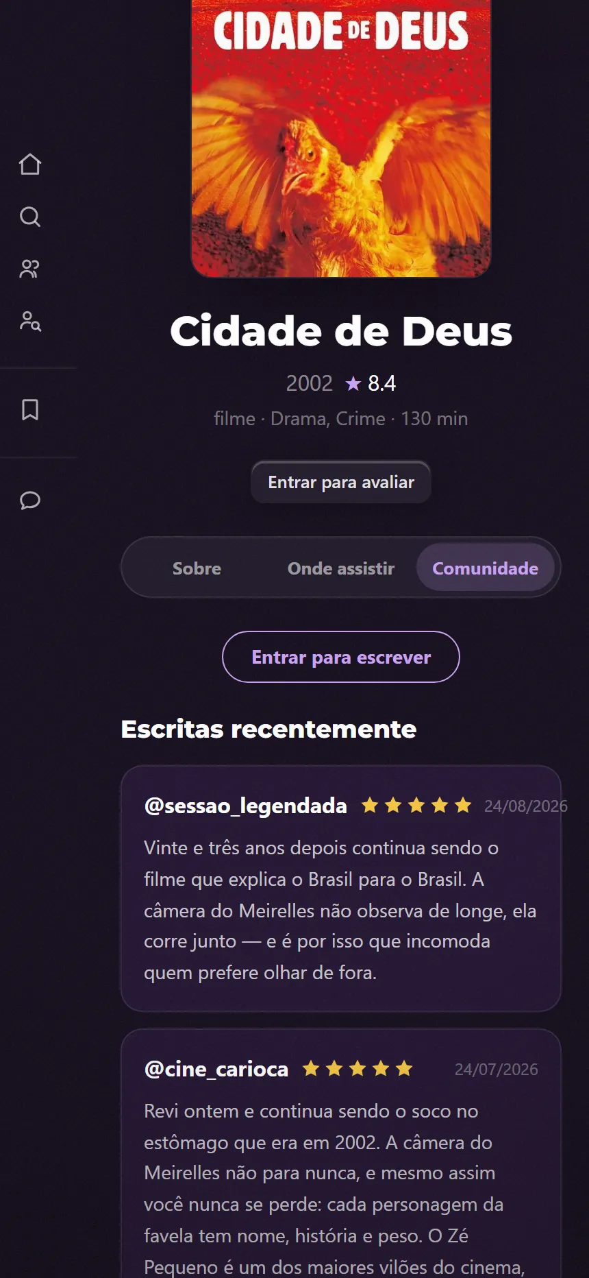 The community tab of a title page, showing a member review with a five-star rating and the date it was written.