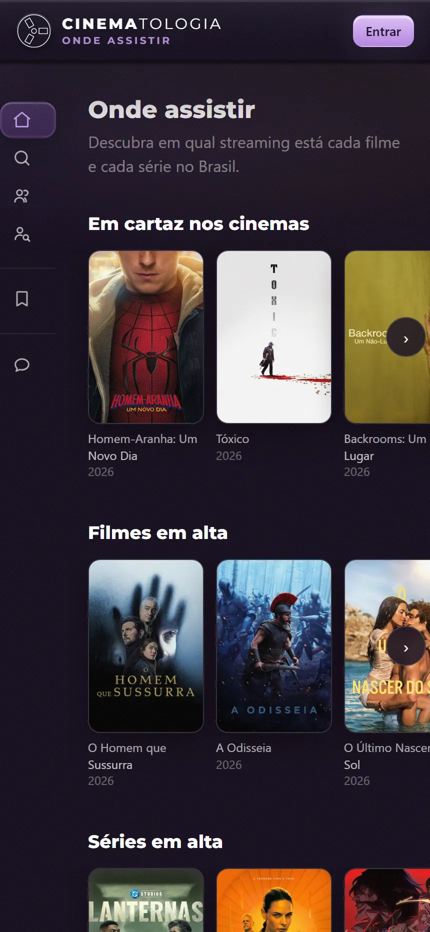 The Onde Assistir home screen on a phone, showing rails for films currently in cinemas and trending films, with a sidebar for search, community and personal lists.