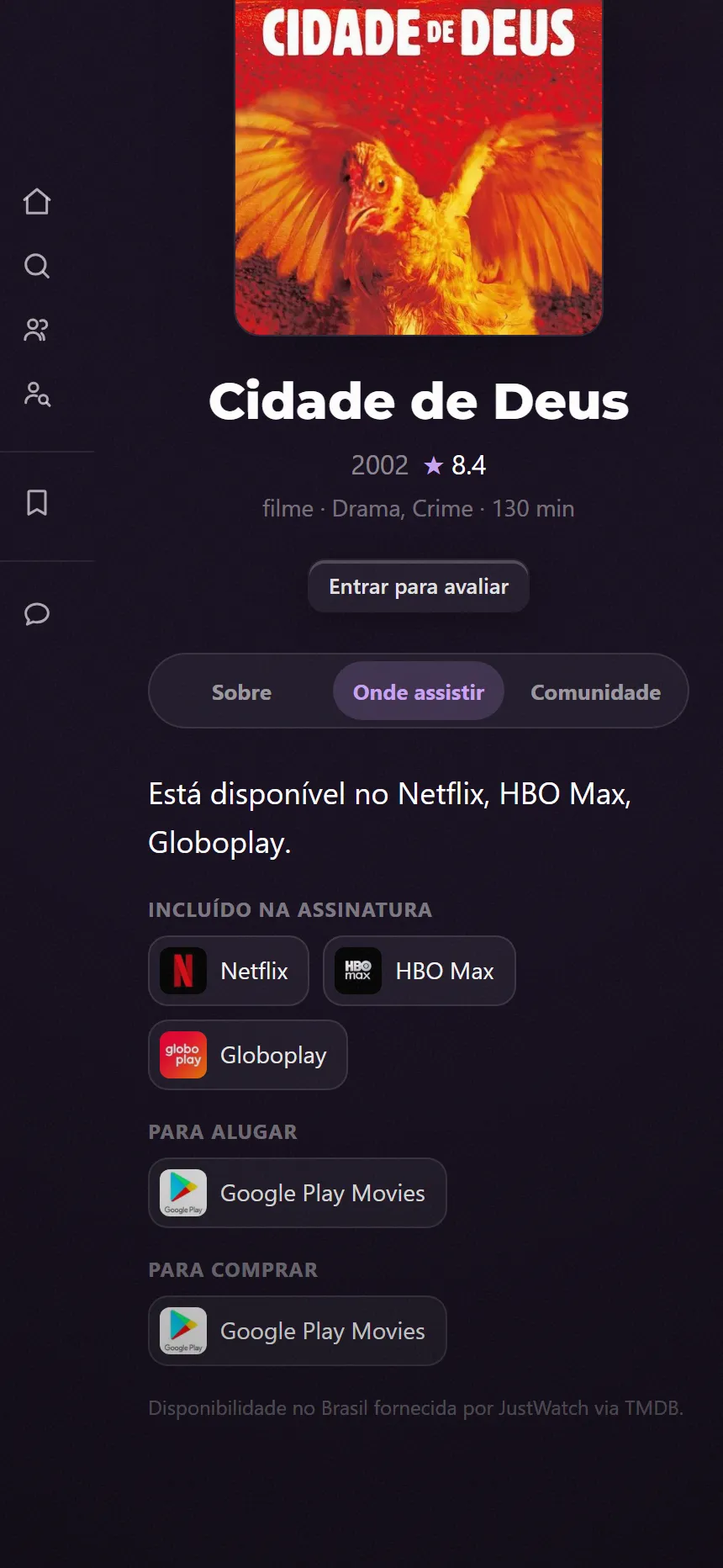 The Onde Assistir title page for the film Cidade de Deus, showing it is available on Netflix, HBO Max and Globoplay under 'included with subscription', with rental and purchase options listed separately.